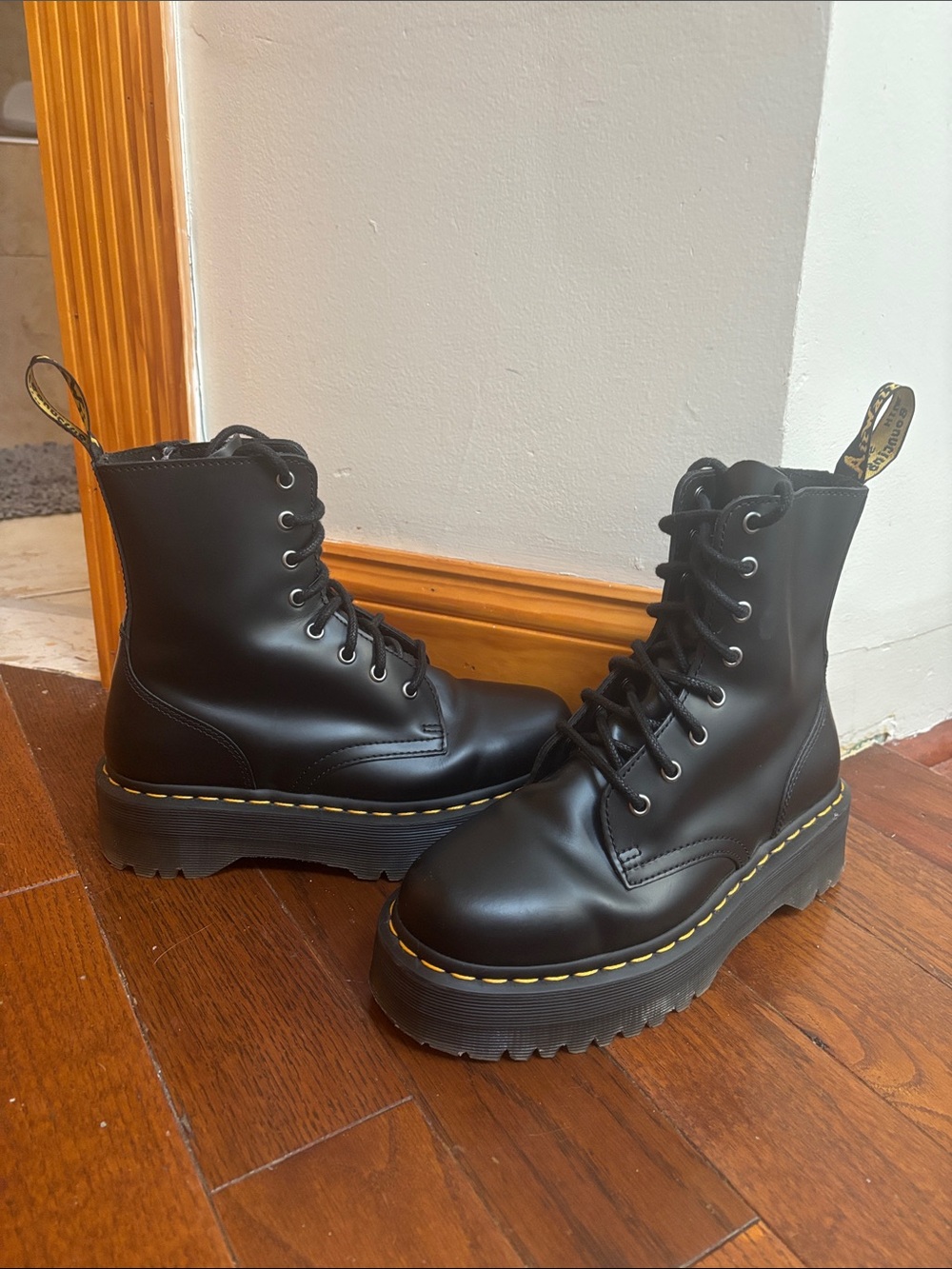 Dr. Martens Black Lace-Up Platform Boots with Yellow Stitching